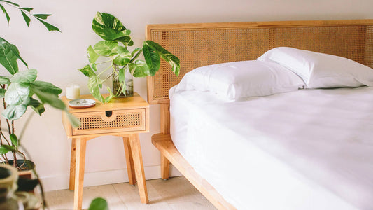 Bedroom with plants and white sheets