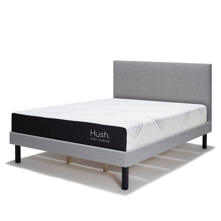 Hush Iced Hybrid Mattress on bed frame on white background