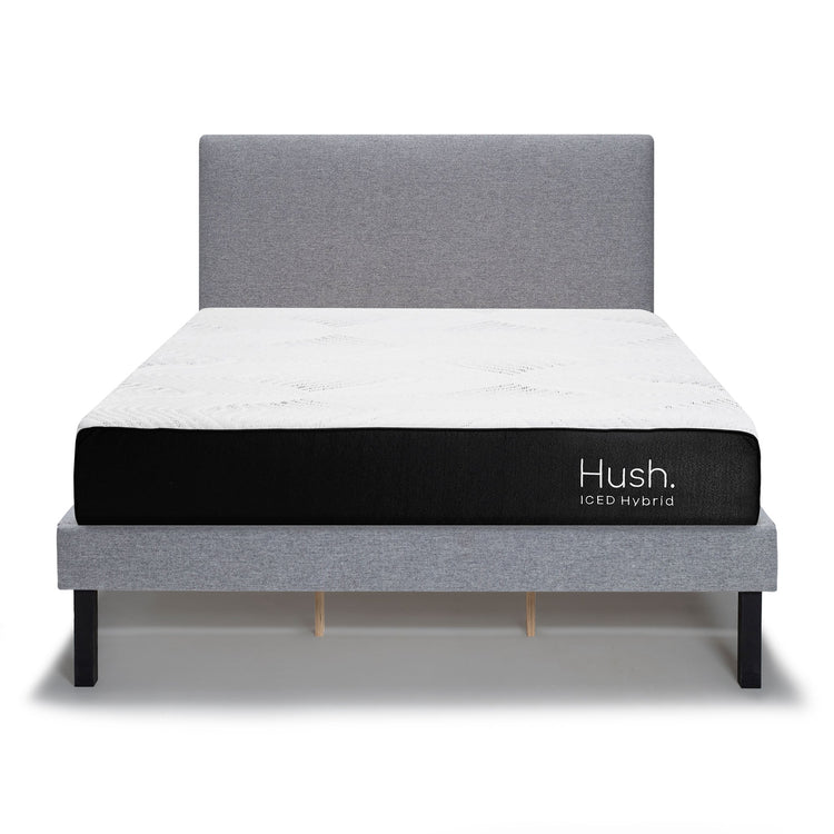 Hush Iced Hybrid Mattress on bed frame on white background